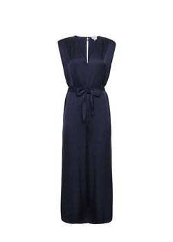 Style 1-3057987489-892 FRNCH Blue Size 8 V Neck Straight Belt Jumpsuit Dress on Queenly