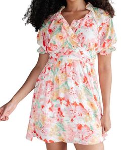 Style 1-1225735606-74 ANDREE BY UNIT Pink Size 4 Floral V Neck Keyhole Casual Sorority Cocktail Dress on Queenly