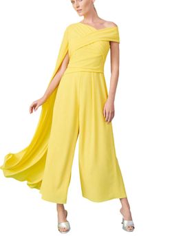 Style 1-1953559085-162 Talbot Runhof Yellow Size 6 Polyester One Shoulder Jumpsuit Dress on Queenly