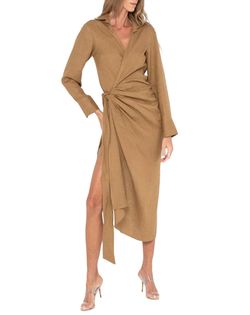 Style 1-3006729380-74 JUST BEE QUEEN Brown Size 4 Long Sleeve Sleeves High Neck Side slit Dress on Queenly