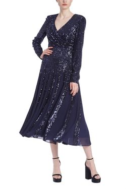 Style 1-803402180-397 BADGLEY MISCHKA Blue Size 14 V Neck Long Sleeve A-line Cocktail Dress on Queenly