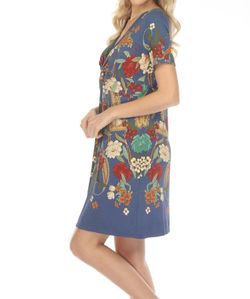 Style 1-987091156-74 Johnny Was Blue Size 4 Mini Cap Sleeve V Neck Cocktail Dress on Queenly