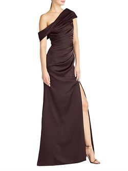 Style 1-2259216063-98 THEIA Brown Size 10 Polyester One Shoulder Floor Length Side slit Dress on Queenly