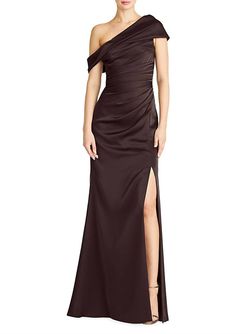 Style 1-2259216063-98 THEIA Brown Size 10 Polyester One Shoulder Floor Length Side slit Dress on Queenly