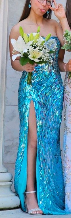Sherri Hill Blue Size 00 Floor Length Custom Side slit Dress on Queenly