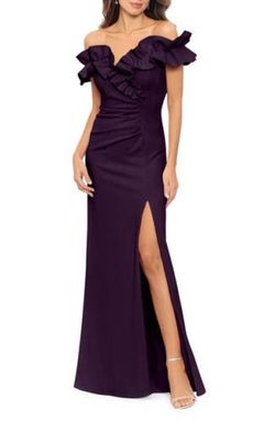 Xscape Purple Size 14 Ruffles Sleeves Cape Mini Side slit Dress on Queenly