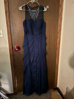 Adrianna Papell Blue Size 6 Prom 50 Off High Neck Military Floor Length A-line Dress on Queenly