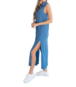 Style 1-2464116166-74 Cozy Casual Blue Size 4 High Neck Polyester Straight Dress on Queenly