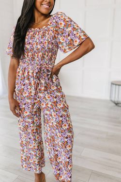 Style 1-1138692694-74 Hayden LA Purple Size 4 Pockets Floral Belt Jumpsuit Dress on Queenly