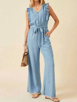 Style 1-175792909-1464 Hayden LA Blue Size 28 Tall Height Ruffles Belt Floor Length Pockets Jumpsuit Dress on Queenly