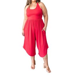 Style 1-2630647074-920 ELDRIDGE Red Size 24 Fitted Polyester Spandex Floor Length Pockets Jumpsuit Dress on Queenly