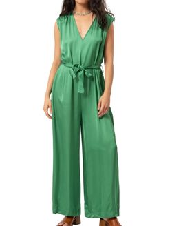 Style 1-1354416720-149 FRNCH Green Size 12 Straight V Neck Jumpsuit Dress on Queenly