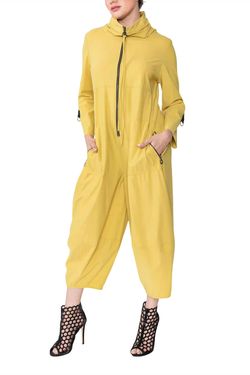 Style 1-3760509120-74 IC COLLECTION Yellow Size 4 Pockets Jewelled Long Sleeve Jumpsuit Dress on Queenly