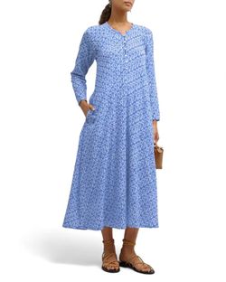 Style 1-1623730605-70 XIRENA Blue Size 0 High Neck Pockets Print Sleeves Straight Dress on Queenly