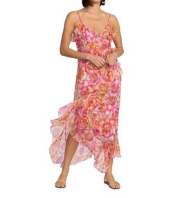 Style 1-999970690-149 Johnny Was Pink Size 12 Tall Height Spaghetti Strap Ruffles Floral Cocktail Dress on Queenly