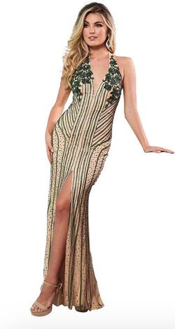 Style  6404 Rachel Allan Nude Size 2 Emerald Halter Embroidery Wedding Guest Side slit Dress on Queenly