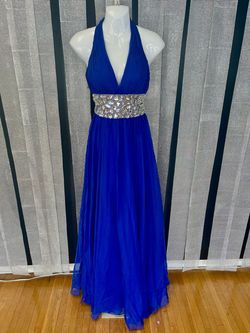 Jovani Blue Size 0 Jersey Halter A-line Dress on Queenly