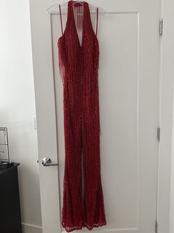 Style 92107 Lucci Lu Red Size 4 Jersey Halter Jumpsuit Dress on Queenly