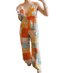 Style 1-2759258534-149 Illa Illa Orange Size 12 Pockets Jewelled Print Jumpsuit Dress on Queenly