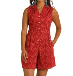 Style 1-2108535729-149 Rock & Roll Denim Red Size 12 Mini High Neck Spandex Floor Length Floral Jumpsuit Dress on Queenly