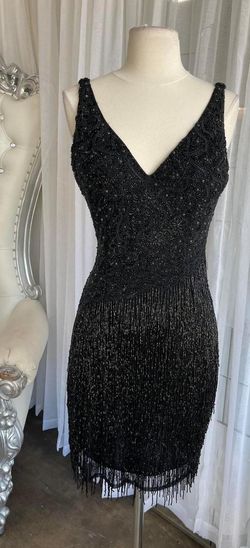 Style 3828 Primavera Black Size 4 Fringe Jersey Mini Cocktail Dress on Queenly