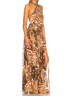 Style 1-2178589726-70 Bronx and Banco Brown Size 0 Silk Belt Side Slit Tulle Straight Dress on Queenly