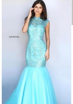 Sherri Hill Blue Size 8 Pageant High Neck Ball gown on Queenly