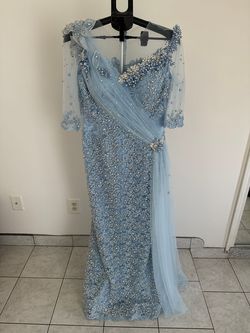 Custom Blue Size 12 Free Shipping Polyester Floor Length Mermaid Dress on Queenly