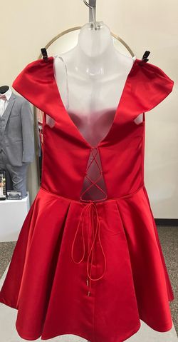 Style 53211 Sherri Hill Red Size 14 Flare Jersey Square Cocktail Dress on Queenly