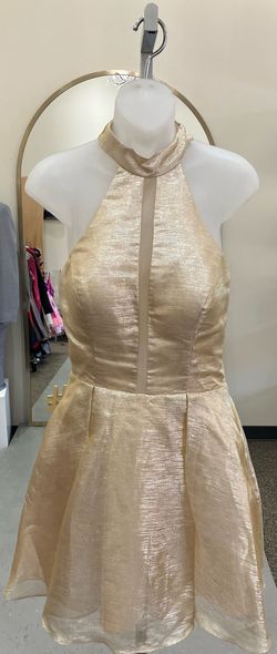 Style 4080 Rachel Allan Gold Size 8 Jersey High Neck Cocktail Dress on Queenly