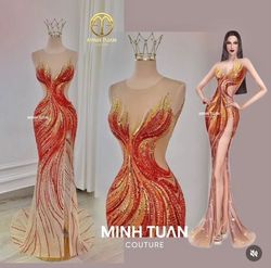 Minh tuan couture Red Size 00 Prom Sheer Short Height Swoop Side slit Dress on Queenly