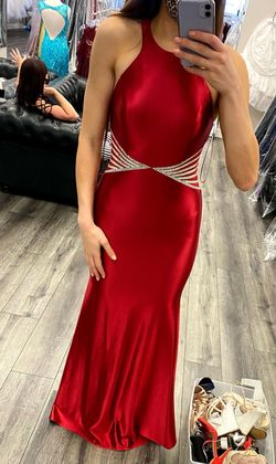 Style 90026 Abby Paris Red Size 8 Fitted High Neck Military Floor Length Mermaid Dress on Queenly