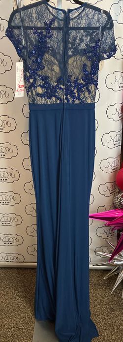 Mac Duggal Blue Size 4 Jersey High Neck Side slit Dress on Queenly