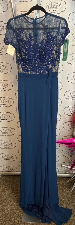 Mac Duggal Blue Size 4 Jersey High Neck Side slit Dress on Queenly