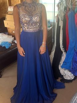 Sherri Hill Blue Size 6 High Neck Military A-line Dress on Queenly