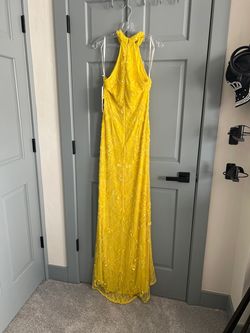 Style 700000 Rachel Allan Yellow Size 10 Floor Length Jersey High Neck A-line Dress on Queenly