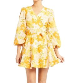 Style 1-3746104174-74 MILLE Yellow Size 4 Mini Belt Sleeves Floral Sorority Cocktail Dress on Queenly