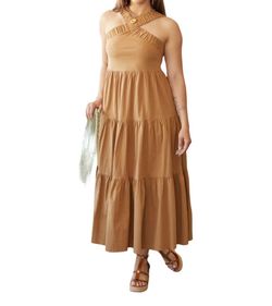 Style 1-69182668-149 BUCKETLIST Brown Size 12 Tall Height Military Floor Length Halter Straight Dress on Queenly