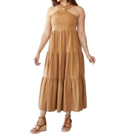 Style 1-69182668-149 BUCKETLIST Brown Size 12 Tall Height Military Floor Length Halter Straight Dress on Queenly