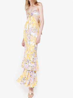 Style 1-878147978-1498 No Pise La Grama Yellow Size 4 Floral Print Cut Out Ruffles Straight Dress on Queenly