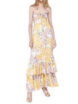 Style 1-878147978-1498 No Pise La Grama Yellow Size 4 Floral Print Cut Out Ruffles Straight Dress on Queenly