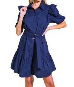 Style 1-1699034758-149 FLYING TOMATO Blue Size 12 Mini Casual High Neck Belt Cocktail Dress on Queenly