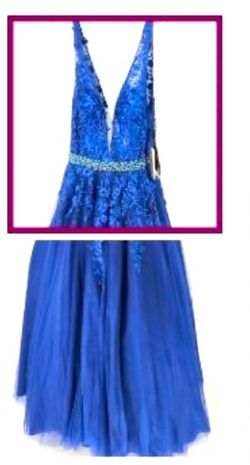 Style 68258 Jovani Blue Size 18 A-line Floor Length Prom Plunge Ball gown on Queenly