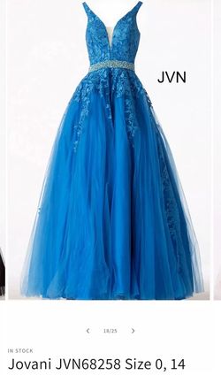 Style 68258 Jovani Blue Size 18 A-line Floor Length Prom Plunge Ball gown on Queenly