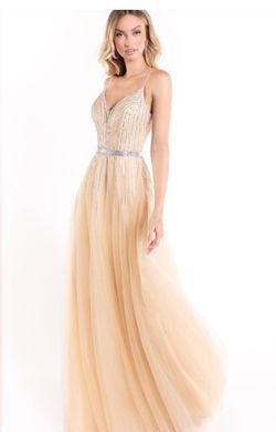 Style 90083 Abby Paris Nude Size 6 Plunge 50 Off Floor Length A-line Dress on Queenly