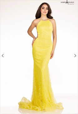 Style 90089 Abby Paris Yellow Size 6 90089 50 Off High Neck Military Floor Length A-line Dress on Queenly