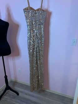 Dress The Population Gold Size 4 Holiday Ball 50 Off Floor Length Jumpsuit Dress on Queenly