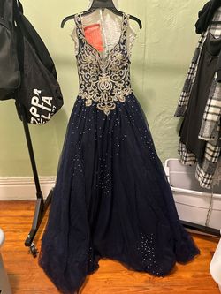 Jovani Blue Size 6 Floor Length Jersey Ball gown on Queenly