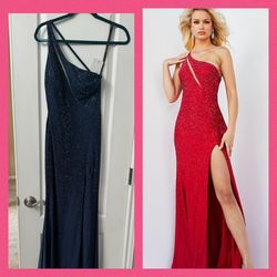 Jovani Blue Size 0 One Shoulder Floor Length Navy Side slit Dress on Queenly