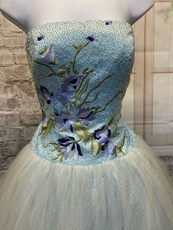 Precious Formals Blue Size 6 Jersey Strapless Ball gown on Queenly